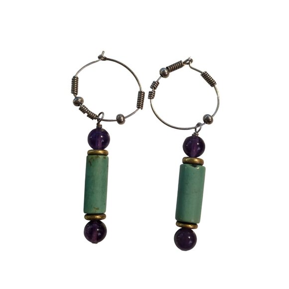 Turquoise Amethyst Dangle Hoop Earrings Handcrafted Boho Gemstone Jewelry - Picture 4 of 4